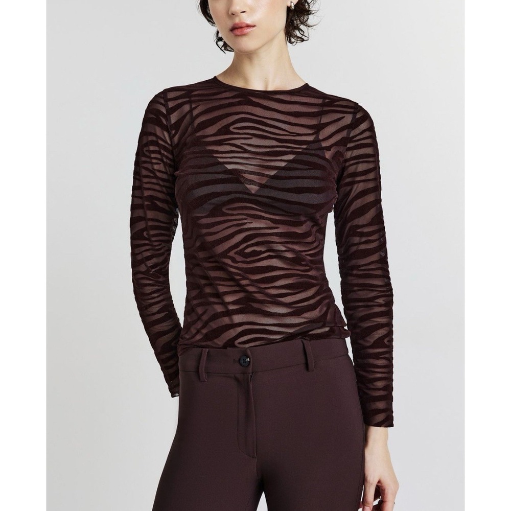 Rachel Zoe Velour Zebra Print Sheer Long Sleeve Top Women XS Brown‎ Y2K Inspired